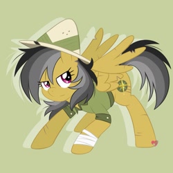 Size: 1857x1857 | Tagged: safe, artist:czscribbles, daring do, pegasus, pony, g4, bandage, clothes, female, green background, hat, mare, partially open wings, scratches, shirt, simple background, solo, torn wings, wings