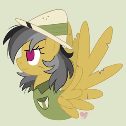 Size: 2048x2048 | Tagged: safe, artist:czscribbles, daring do, pegasus, pony, g4, bust, clothes, female, green background, hat, high res, mare, no pupils, profile, scratches, shirt, simple background, smiling, solo, spread wings, torn wings, wings