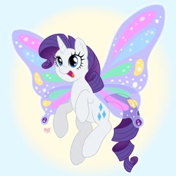 Size: 1784x1784 | Tagged: safe, artist:czscribbles, rarity, pony, unicorn, g4, artificial wings, augmented, cute, female, flying, glimmer wings, gradient background, horn, mare, open mouth, raribetes, smiling, solo, wahaha, wings