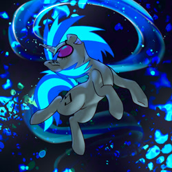 Size: 1080x1080 | Tagged: safe, artist:fizzy cloud, derpibooru exclusive, dj pon-3, vinyl scratch, pony, unicorn, g4, abstract background, dark, ear fluff, female, glasses, glowing, glowing mane, glowing tail, grin, horn, mare, profile, smiling, solo, tail, teeth, underhoof, vinyl's glasses