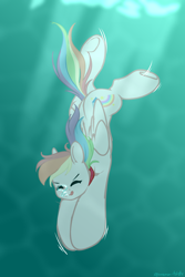 Size: 2000x3000 | Tagged: safe, artist:xcinnamon-twistx, oc, oc only, oc:prism light, pegasus, bubble, crepuscular rays, diving, eyes closed, flowing mane, flowing tail, folded wings, ocean, solo, sunlight, swimming, tail, tongue out, underwater, water, wings