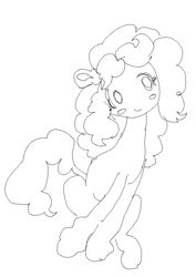 Size: 635x895 | Tagged: safe, artist:dddddaxie998839, pinkie pie, earth pony, pony, g4, blush sticker, blushing, curly mane, curly tail, eyelashes, female, floppy ears, long mane, mare, monochrome, simple background, sitting, sketch, smiling, solo, tail, white background