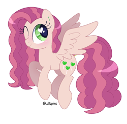 Size: 1054x1028 | Tagged: safe, artist:lullapiies, oc, oc only, oc:lullapie, pegasus, pony, blush lines, blushing, curly mane, curly tail, eyelashes, female, flying, green eyes, heart, heart eyes, long mane, long tail, looking back, mare, one eye closed, pink coat, purple mane, purple tail, shiny mane, simple background, smiling, solo, tail, two toned mane, two toned tail, white background, wingding eyes, wink