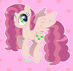 Size: 1054x1028 | Tagged: safe, artist:lullapiies, oc, oc only, oc:lullapie, pegasus, pony, blush lines, blushing, curly mane, curly tail, eyelashes, female, flying, green eyes, heart, heart eyes, long mane, long tail, looking back, mare, one eye closed, outline, patterned background, pink coat, purple mane, purple tail, shiny mane, smiling, solo, spread wings, tail, two toned mane, two toned tail, wingding eyes, wings, wink