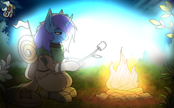 Size: 1920x1200 | Tagged: safe, artist:brainiac, oc, oc only, oc:delly, pony, campfire, commission, crossover, female, imminent death, outer wilds, peaceful, ponified, s'mores, solo, supernova