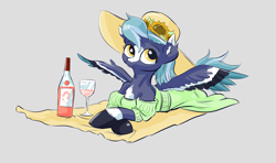 Size: 4295x2547 | Tagged: safe, artist:lytlethelemur, oc, oc only, oc:bellflower frost, pegasus, pony, alcohol, big hooves, blaze (coat marking), blue mane, blue tail, blue wingtips, bottle, clothes, coat markings, colored ear fluff, colored eartips, colored hooves, colored wings, colored wingtips, crossed hooves, dress, ear fluff, facial markings, female, female oc, flower, glass, gray background, green dress, hat, high res, hooves, looking up, lying down, mare, mare oc, multicolored wings, navy hooves, off shoulder, patreon, patreon reward, prone, purple coat, shiny hooves, shiny mane, shoulderless, simple background, smiling, solo, spread wings, striped wings, sun hat, sundress, sunflower, tail, two toned ears, two toned mane, two toned tail, unshorn fetlocks, wall of tags, wine, wine bottle, wine glass, wing markings, wings, yellow eyes