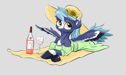 Size: 4295x2547 | Tagged: safe, artist:lytlethelemur, oc, oc only, oc:bellflower frost, pegasus, pony, alcohol, blaze (coat marking), bottle, clothes, coat markings, colored eartips, colored wings, colored wingtips, crossed hooves, dress, drink, drinking glass, ear fluff, facial markings, female, flower, glass, gray background, hat, high res, looking up, lying down, mare, multicolored wings, off shoulder, patreon reward, prone, shoulderless, simple background, smiling, solo, spread wings, sun hat, sundress, sunflower, tail, unshorn fetlocks, wine, wine bottle, wine glass, wings