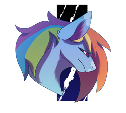 Size: 6668x6001 | Tagged: safe, artist:aha-bleppers, rainbow dash, pegasus, pony, g4, absurd resolution, alternate design, blue coat, blue fur, bust, eyelashes, facial markings, lacrimal caruncle, multicolored hair, multicolored mane, narrowed eyes, rainbow hair, red eyes, simple background, smiling, solo, transparent background