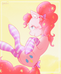 Size: 1000x1200 | Tagged: safe, artist:spiderbones31, pinkie pie, earth pony, pony, g4, abstract background, alternate hairstyle, blushing, bow, choker, clothes, colored ear fluff, ear fluff, ear piercing, earring, female, hair bow, hair ornament, heart earring, hooves together, jewelry, lidded eyes, long socks, looking up, mare, open mouth, open smile, piercing, ponytail, profile, raised leg, signature, smiling, socks, solo, striped socks, tail, tail bow, tied mane, tied tail