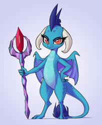 Size: 2196x2701 | Tagged: safe, artist:aquaticvibes, princess ember, dragon, g4, bloodstone scepter, dragon lord ember, dragoness, female, frown, gradient background, hand on hip, high res, looking at you, solo