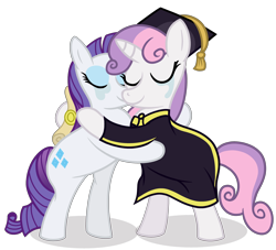 Size: 3300x3000 | Tagged: safe, artist:sweetielover, rarity, sweetie belle, pony, unicorn, g4, atg 2024, belle sisters, clothes, crying, diploma, duo, duo female, eyes closed, female, graduation, graduation cap, hat, high res, horn, hug, newbie artist training grounds, older, older sweetie belle, sibling love, siblings, simple background, sisterly love, sisters, smiling, suit, tears of joy, teary eyes, transparent background