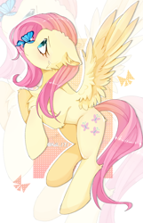 Size: 1080x1680 | Tagged: safe, artist:xoll_171, fluttershy, butterfly, pegasus, pony, g4, abstract background, butt fluff, butterfly on nose, cheek fluff, chest fluff, cute, ear fluff, female, floppy ears, insect on nose, leg fluff, mare, shyabetes, solo, wing fluff, wings