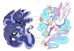 Size: 1553x1061 | Tagged: safe, artist:ananican, princess celestia, princess luna, alicorn, pony, g4, celestia's crown, chest fluff, chinese, coat markings, cute, cutelestia, duo, duo female, ethereal mane, ethereal tail, female, hoof shoes, horn, lidded eyes, looking at you, luna's crown, lunabetes, mare, peytral, raised hoof, royal sisters, siblings, simple background, sisters, smiling, smiling at you, sparkly mane, sparkly tail, spread wings, starry mane, starry tail, tail, wavy mane, wavy tail, white background, wings
