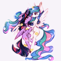 Size: 2048x2048 | Tagged: safe, artist:1111kwiinoooooo48, princess celestia, twilight sparkle, alicorn, pony, g4, belly, belly button, duo, duo female, female, floppy ears, lesbian, mare, ship:twilestia, shipping, simple background, thin, twilight sparkle (alicorn), white background