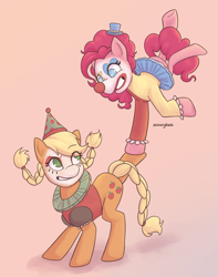 Size: 1617x2048 | Tagged: safe, artist:starryducks, applejack, pinkie pie, earth pony, pony, g4, alternate hairstyle, braid, braided pigtails, braided tail, clown, clown makeup, clown nose, duo, duo female, female, gradient background, grin, handstand, hat, kicks mcgee, mare, pigtails, red nose, smiling, tail, top hat, upside down