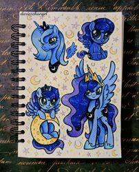 Size: 2337x2887 | Tagged: safe, artist:dariarchangel, princess luna, alicorn, pony, g4, big eyes, blue coat, blue hair, blue mane, blue tail, bust, celestia's crown, cheese moon, chibi, crescent moon, crown, cute, daaaaaaaaaaaw, ethereal hair, ethereal mane, ethereal tail, female, filly, filly luna, hoof shoes, jewelry, large wings, luna is not amused, luna's crown, lunabetes, mare, moon, peytral, photo, portrait, princess shoes, regalia, s1 luna, sitting, sketchbook, smiling, sparkles, spread wings, standing, starry eyes, starry mane, starry tail, stars, tail, tangible heavenly object, traditional art, unamused, wingding eyes, wings, young luna, younger