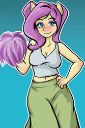 Size: 2000x3000 | Tagged: safe, artist:nolyanimeid, fluttershy, human, equestria girls, g4, 2d, belly, belly button, blushing, breasts, busty fluttershy, cleavage, clothes, eyeshadow, female, gradient background, hand on hip, makeup, midriff, pom pom, pony ears, short shirt, skirt, sleeveless, solo, tank top