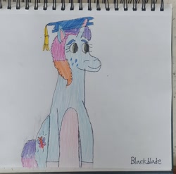 Size: 2632x2604 | Tagged: safe, artist:blackblade360, misty brightdawn, pony, unicorn, g5, my little pony: tell your tale, sparkle school, 2024, atg 2024, blue coat, colored pencil drawing, curly mane, curly tail, female, green eyes, horn, irl, mare, newbie artist training grounds, paper, photo, rebirth misty, signature, simple background, solo, tail, three toned mane, three toned tail, traditional art, white background