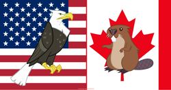 Size: 5724x3015 | Tagged: safe, artist:andoanimalia, bald eagle, beaver, bird, eagle, 4th of july, american flag, canada, canada day, canadian flag, holiday, independence day, united states