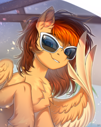 Size: 2500x3125 | Tagged: safe, artist:hakaina, oc, oc only, oc:aerion featherquill, pegasus, pony, chest fluff, commission, ear fluff, female, grin, looking at you, mare, smiling, solo, sunglasses, wing hands, wings, ych result