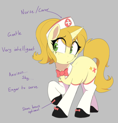 Size: 958x993 | Tagged: safe, artist:thebatfang, oc, oc only, oc:nurse goldenheart, pony, unicorn, bowtie, clothes, cute, eye clipping through hair, eyebrows, eyebrows visible through hair, female, freckles, gray background, green eyes, hat, horn, mare, nurse, nurse hat, raised hoof, shy, simple background, solo, stockings, thigh highs, unicorn oc, yellow coat, yellow mane