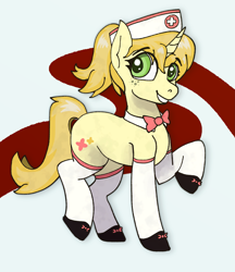 Size: 3593x4164 | Tagged: safe, artist:owslafa, oc, oc:nurse goldenheart, unicorn, clothes, freckles, green eyes, hat, horn, nurse, nurse hat, simple background, smiling, stockings, thigh highs, yellow coat, yellow mane