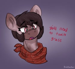 Size: 1345x1240 | Tagged: safe, artist:reddthebat, oc, oc only, oc:number nine, earth pony, pony, bandana, bust, dialogue, ear fluff, eyebrows, eyebrows visible through hair, female, gradient background, mare, signature, solo, touch grass