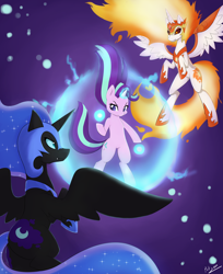 Size: 4900x6000 | Tagged: safe, artist:potzm, daybreaker, nightmare moon, starlight glimmer, alicorn, pony, unicorn, a royal problem, g4, absurd resolution, alternate scene interpretation, armor, badass, cool, epic, female, fight, flowing mane, flying, force field, glowing, glowing horn, helmet, hoof shoes, horn, levitation, looking at each other, looking at someone, magic, magic aura, magic bubble, mare, peytral, princess shoes, self-levitation, spread wings, tail, telekinesis, trio, trio female, wings