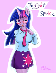 Size: 1327x1722 | Tagged: safe, artist:potzm, twilight sparkle, unicorn, anthro, equestria girls, g4, :p, clothes, cutie mark on clothes, equestria girls outfit, eyebrows, eyebrows visible through hair, female, glasses, horn, lavender background, looking at you, name, necktie, one eye closed, shirt, simple background, skirt, smiling, smiling at you, solo, tongue out, unicorn twilight, wink, winking at you