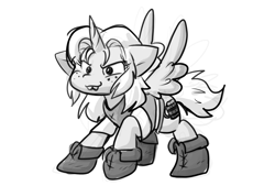 Size: 1291x874 | Tagged: safe, artist:zutcha, alicorn, pony, bucktooth, disenchantment, female, freckles, grayscale, grin, mare, monochrome, ponified, princess bean, simple background, smiling, solo, spread wings, white background, wings