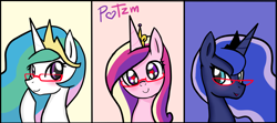 Size: 1800x800 | Tagged: safe, artist:potzm, princess cadance, princess celestia, princess luna, alicorn, pony, g4, alicorn triarchy, blushing, bust, celestia's crown, crown, ethereal mane, female, glasses, heart, heart eyes, horn, jewelry, looking at you, luna's crown, mare, open mouth, open smile, portrait, raised hoof, regalia, royal sisters, siblings, sisters, smiling, smiling at you, trio, trio female, wavy mane, wingding eyes