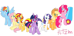 Size: 4100x2000 | Tagged: safe, artist:potzm, applejack, fluttershy, pinkie pie, rainbow dash, rarity, sunset shimmer, twilight sparkle, alicorn, earth pony, pegasus, pony, unicorn, g4, alternate mane seven, applejack's hat, bedroom eyes, bipedal, cowboy hat, duckface, eyebrows, eyeshadow, female, folded wings, freckles, grin, hat, high res, horn, looking at you, looking back, makeup, mane six, mare, open mouth, open smile, party cannon, raised hoof, septet, simple background, sitting, smiling, smiling at you, spread wings, tail, transparent background, twilight sparkle (alicorn), wings