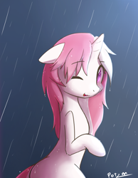Size: 3500x4500 | Tagged: safe, artist:potzm, oc, oc only, oc:lawyresearch, pony, unicorn, bipedal, colored pupils, eyebrows, eyebrows visible through hair, female, floppy ears, high res, horn, looking at you, mare, one eye closed, open mouth, outdoors, rain, solo, unicorn oc, wavy mouth, wet, wet mane, wink, winking at you