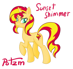 Size: 1300x1229 | Tagged: safe, artist:potzm, sunset shimmer, pony, unicorn, g4, female, horn, looking back, mare, name, raised hoof, simple background, smiling, solo, tail, transparent background