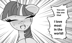 Size: 1080x655 | Tagged: safe, artist:scandianon, twilight sparkle, pony, unicorn, g4, black and white, blushing, bust, dialogue, drawthread, eyes closed, female, floppy ears, grayscale, horn, i love you, manga, mare, monochrome, nose blush, open mouth, ponified, ponified manga, solo, speed lines, sweat, teary eyes, unicorn twilight, yelling