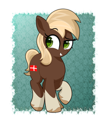 Size: 1720x2000 | Tagged: safe, artist:scandianon, oc, oc only, oc:jutlandmare, earth pony, pony, coat markings, cocked eyebrow, female, mare, nation ponies, ponified, raised hoof, smiling, socks (coat markings), solo, unshorn fetlocks