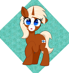 Size: 2000x2100 | Tagged: safe, artist:scandianon, oc, oc only, oc:finnmare, pony, unicorn, facial markings, female, floppy ears, horn, looking at you, mare, nation ponies, open mouth, ponified, raised hoof, solo