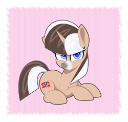 Size: 2000x1900 | Tagged: safe, artist:scandianon, oc, oc only, oc:norsk fjord, pony, unicorn, facial markings, female, hair over eyes, horn, looking at you, lying down, mare, nation ponies, passepartout, ponified, smiling, solo