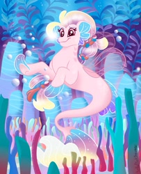 Size: 1440x1774 | Tagged: safe, artist:bella-pink-savage, destiny (g5), seapony (g4), g5, my little pony: tell your tale, bioluminescent, bubble, crepuscular rays, cute, des-dorable, digital art, dorsal fin, female, fin, fin wings, fins, fish tail, floppy ears, flowing mane, flowing tail, glowing, happy, jade sea, lidded eyes, mermay, ocean, scales, sea pony (g5), seaweed, signature, smiling, solo, sparkles, swimming, tail, underwater, vine, water, wings