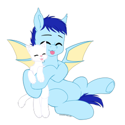 Size: 3000x3000 | Tagged: safe, artist:xcinnamon-twistx, oc, oc only, oc:niko, bat pony, cat, :p, cuddling, eyes closed, fangs, simple background, solo, tongue out, transparent background