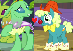 Size: 1058x746 | Tagged: safe, edit, edited screencap, screencap, bootblues, frenulum (g4), changedling, changeling, earth pony, pony, g4, background changeling, background pony, crack shipping, interspecies, shipping, shipping domino