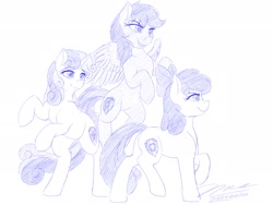 Size: 1920x1440 | Tagged: safe, artist:novaintellus, apple bloom, scootaloo, sweetie belle, earth pony, pegasus, pony, unicorn, g4, atg 2024, cutie mark crusaders, female, filly, foal, horn, monochrome, newbie artist training grounds, rearing, simple background, trio, white background