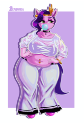 Size: 5324x7804 | Tagged: safe, artist:zendora, pipp petals, pegasus, anthro, g5, absurd resolution, adipipp, bbw, belly button, belly piercing, bracelet, bubblegum, chubby, clothes, diadem, ear piercing, eyebrows, fat, female, food, gum, hand on hip, headband, jewelry, midriff, pants, passepartout, piercing, pipp is chubby, pipp is short, regalia, see-through, see-through shirt, shirt, shortstack, signature, solo, the ass was fat, thicc thighs, thick, wide hips