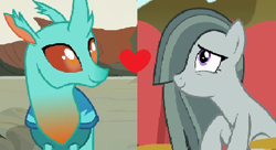 Size: 402x219 | Tagged: safe, edit, edited screencap, screencap, cornicle, marble pie, changedling, changeling, earth pony, pony, g4, background changeling, crack shipping, duo, duo male and female, female, interspecies, male, shipping, shipping domino, straight