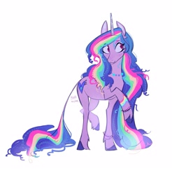 Size: 2247x2285 | Tagged: safe, artist:peachmichea, izzy moonbow, classical unicorn, pony, unicorn, g5, female, horn, izzy rainbow, leonine tail, mare, simple background, solo, standing on two hooves, unshorn fetlocks, white background