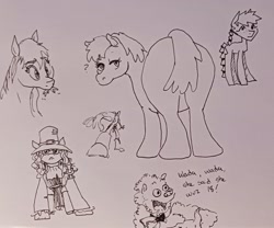 Size: 2048x1708 | Tagged: safe, artist:pony quarantine, oc, earth pony, human, pony, eating, eating grass, female, freckles, grass, grayscale, hat, herbivore, looking at you, looking back, looking back at you, mare, monochrome, pen drawing, question mark, top hat, traditional art