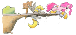 Size: 2132x997 | Tagged: safe, artist:lost marbles, derpy hooves, dinky hooves, pinkie pie, earth pony, pegasus, pony, unicorn, g4, bush, dirt, horn, newbie artist training grounds, reference, root, sign, simple background, traditional art, trio, watercolor painting, where the sidewalk ends, white background