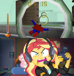 Size: 1280x1330 | Tagged: safe, artist:darkvader2016, edit, edited screencap, screencap, fluttershy, sunset shimmer, human, equestria girls, g4, game stream, my little pony equestria girls: better together, controller, duo, duo female, female, gamer sunset, rageset shimmer, sunset's apartment, superman 64, tell me what you need