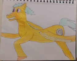 Size: 3291x2604 | Tagged: safe, artist:blackblade360, oc, oc only, oc:rina flightline, pegasus, pony, colored pencil drawing, concave belly, cyan mane, cyan tail, eyelashes, female, flying, irl, magenta eyes, mare, open mouth, paper, pegasus oc, photo, raised hoof, raised leg, simple background, smiling, solo, spread wings, traditional art, white background, wings, yellow coat