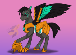 Size: 2350x1700 | Tagged: safe, artist:kangatooth, oc, oc only, oc:northrix, pegasus, pony, g4, armor, armored pony, black mane, black sclera, colored wings, gradient background, gray coat, guard, helmet, royal guard, short mane, short tail, solo, standing, tail, teal eyes, two toned wings, wing armor, wings